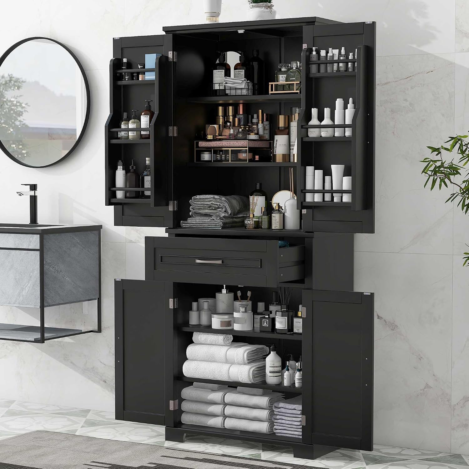 Storage Cabinet with 4 Doors and Drawers, 72.2' H Kitchen Cabinet with 6 Door Shelves, Kitchen Storage Cabinets with Adjustable Shelves for Living Room, Black