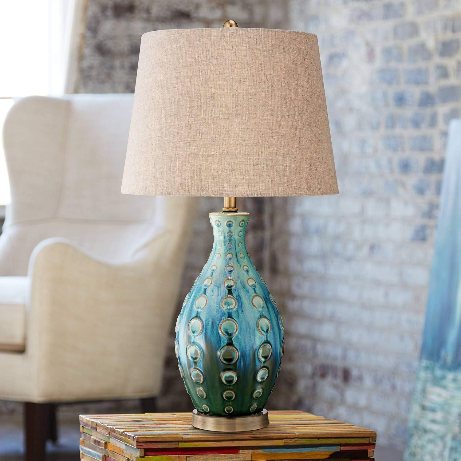 360 Lighting Mid Century Modern Style Vase 3-Way Table Lamp with Table Top Dimmer 26.5' High Teal Ceramic Tan Fabric Drum Shade for Living Room Bedroom House Bedside Home Office (Color May
