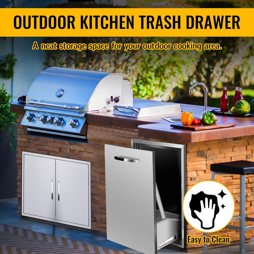 Pull-Out Single Trash Drawer 16''Wx22.3''Hx18''D, Built-in Trash Drawer, Outdoor Kitchen Stainless Steel Trash Bin for BBQ Island Grill Station