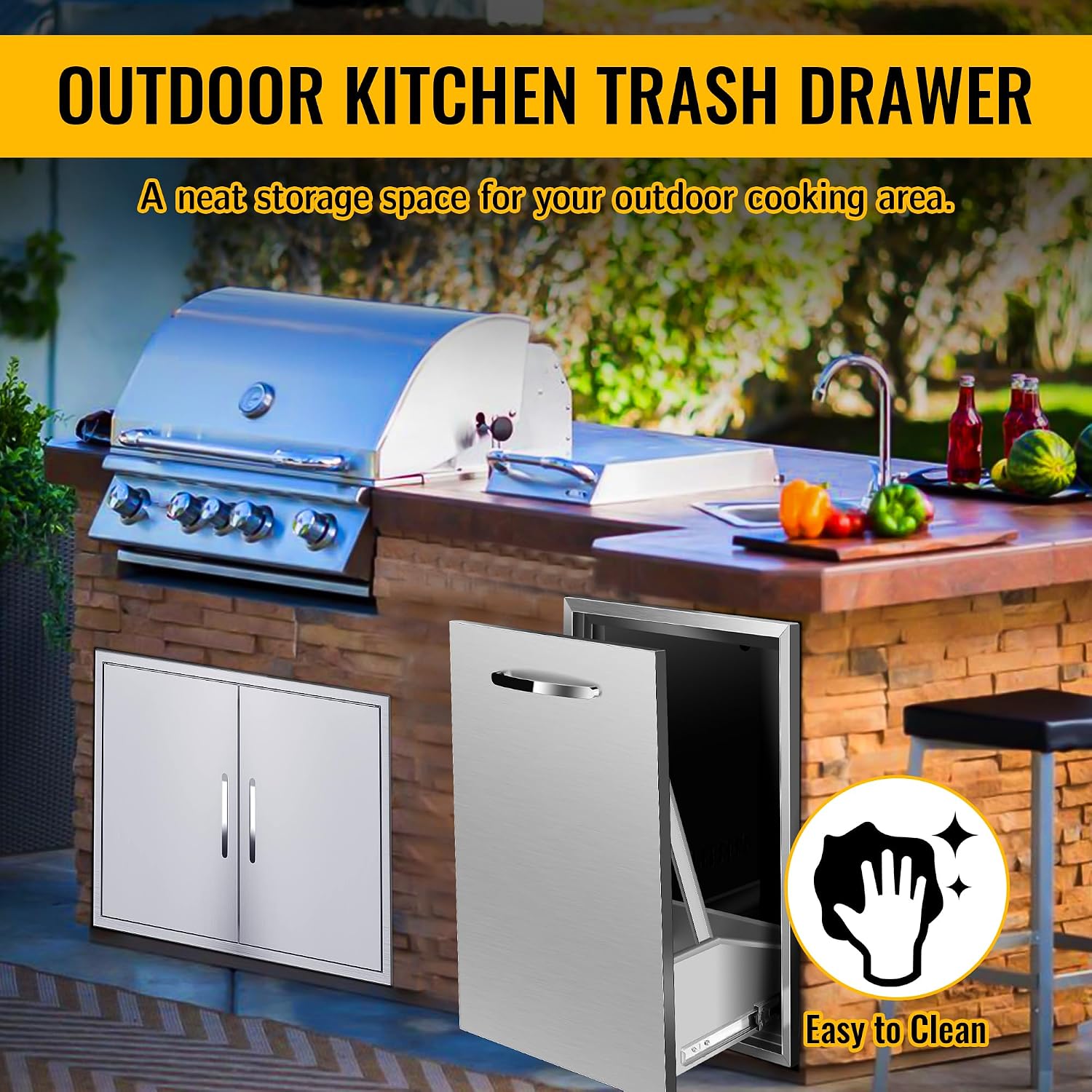 Pull-Out Single Trash Drawer 16''Wx22.3''Hx18''D, Built-in Trash Drawer, Outdoor Kitchen Stainless Steel Trash Bin for BBQ Island Grill Station