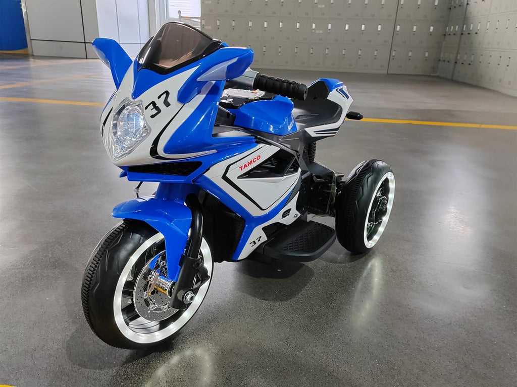 Ride on Motorcycle, Rechargeable Ride on Toys, Tamco Motorcycle for Kids 3 to 4 Years Boys Girls with Foot Pedal Starter, Music/Lights/Lighting Wheels (Blue)