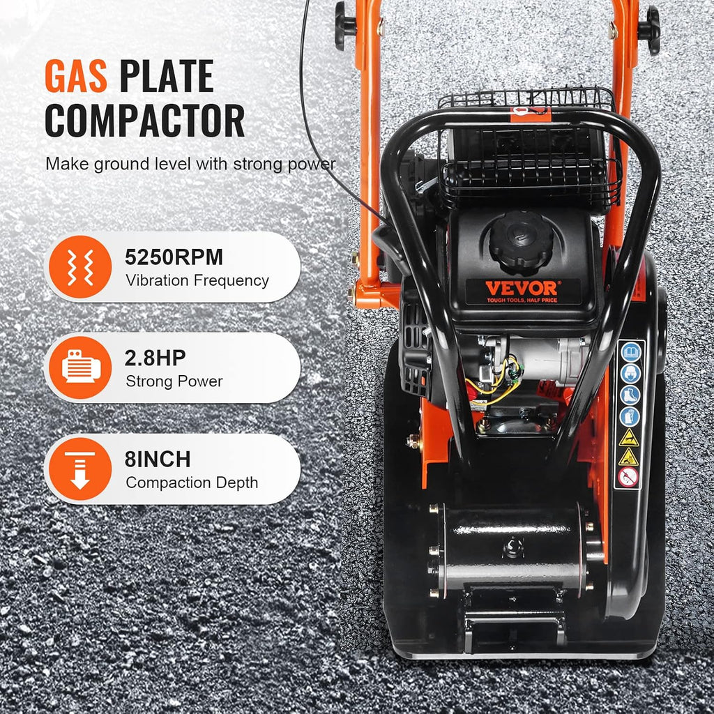 VEVOR Plate Compactor, 2.8 HP 78.5CC Gas Engine 5,250 VPM, 1,920 lbs Force Vibratory Compaction Tamper with 18.7 x 11.8 inch Plate for Walkways, Patios, Asphalts, Paver Landscaping, EPA Compliant