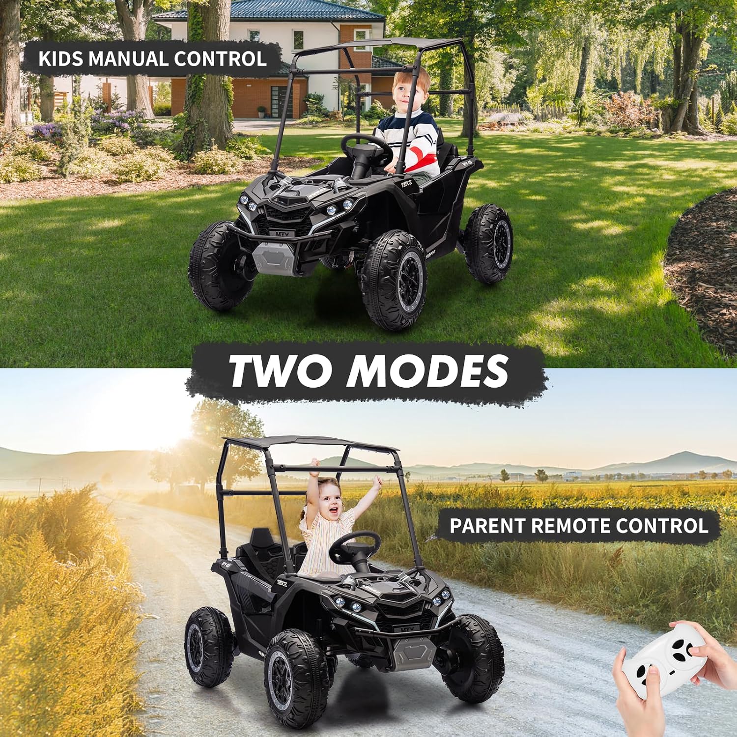 2-Seater Kids Ride On Utv, 24V 4WD Electric Truck with Sun Shade,Remote Control, Adjustable High/Low Speed, Led Lights, 4 Shock Absorbers, One-Button Start, and Music Player,Black