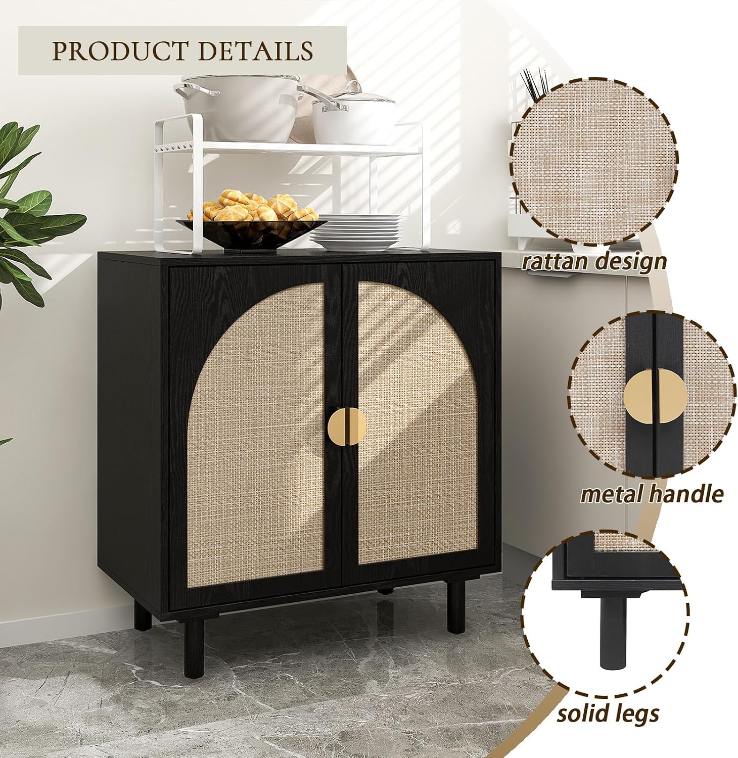 vistavie Black Rattan Storage Buffet Cabinet with 2 Door,Sideboard Storage with Solid Pine Legs,Accent Cabinet,Boho Wood Credenza Suitable for Kitchens,Bathrooms,Reception Rooms,Study Rooms
