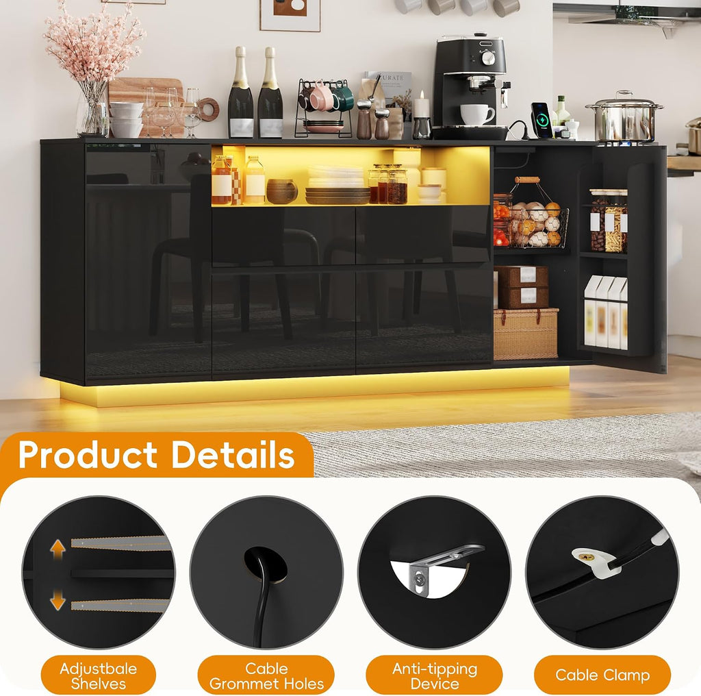 70 Inch Sideboard Buffet Cabinet with Storage, Kitchen Buffet Storage Cabinet with Power Outlets & LED Light, Coffee Bar Console Wine Bar with 2 Drawers & Door Shelves for Living Room, Kitchen, Black