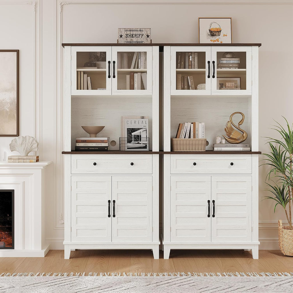 GAOMON Elegant 72' White Pantry Coffee Bar Cabinet – Tall Kitchen Storage with Adjustable Shelves, 4 Glass Doors & 1 Drawer – Multi-Functional Hutch for Dining Room & Kitchen, White