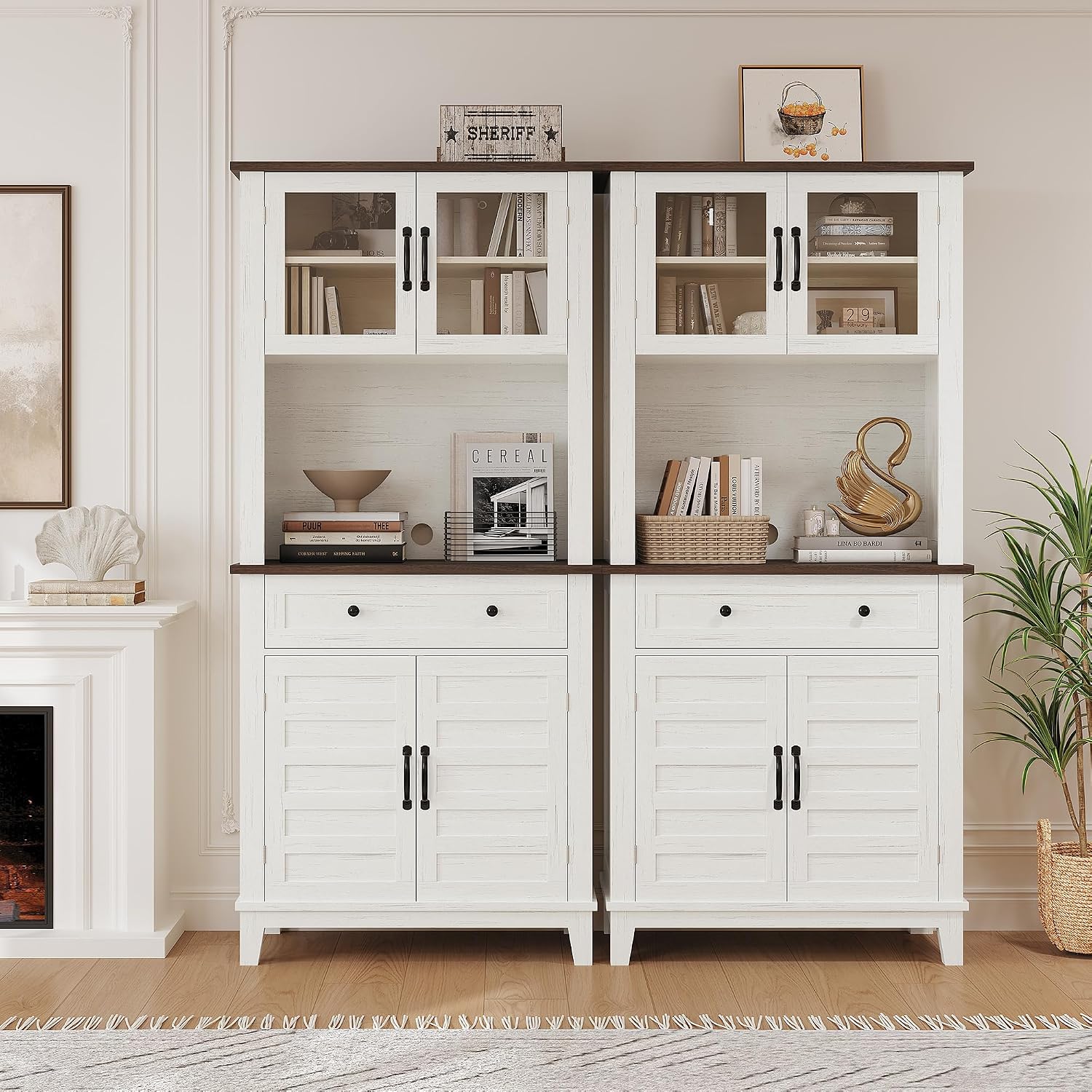 GAOMON Elegant 72' White Pantry Coffee Bar Cabinet – Tall Kitchen Storage with Adjustable Shelves, 4 Glass Doors & 1 Drawer – Multi-Functional Hutch for Dining Room & Kitchen, White