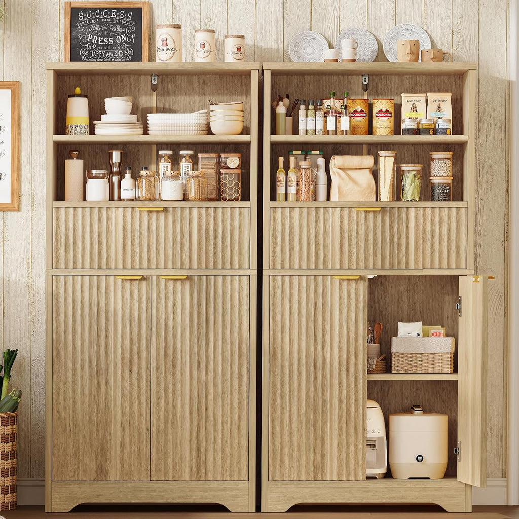 TEENFON Tall Storage Cabinet with Adjustable Shelf & Drawer, Fluted Cabinet with Doors, Kitchen Pantry Cabinets, Bathroom Storage Cabinets, for Living Room, Entryway, Home Office, Natural