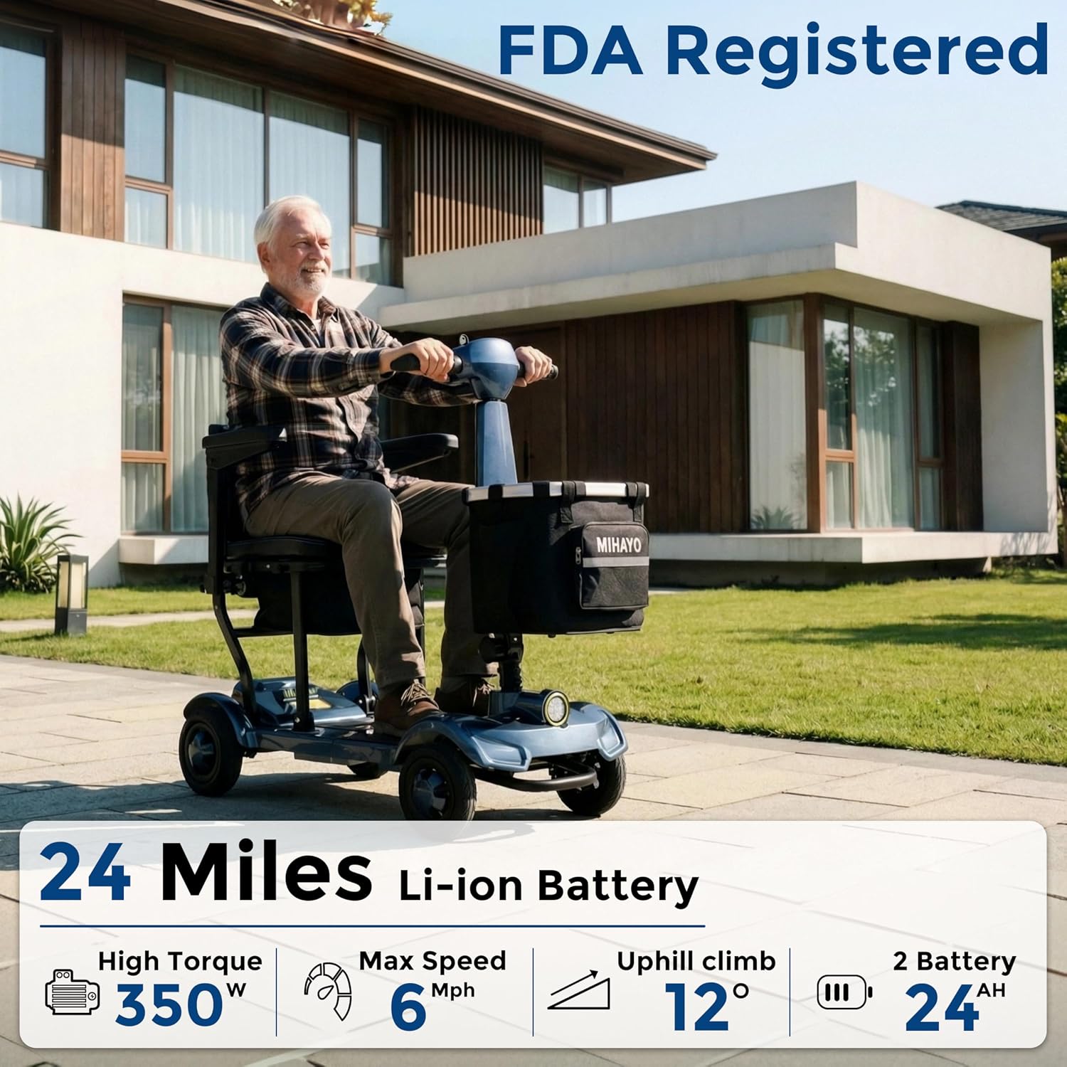 MIHAYO Lightweight 4-Wheel Mobility Scooter for Seniors and Adults, Airline Approved 24 Miles Range Electric Scooter with 280 lbs Capacity, 350W Motor and 112L Storage Wagon, Slate Blue