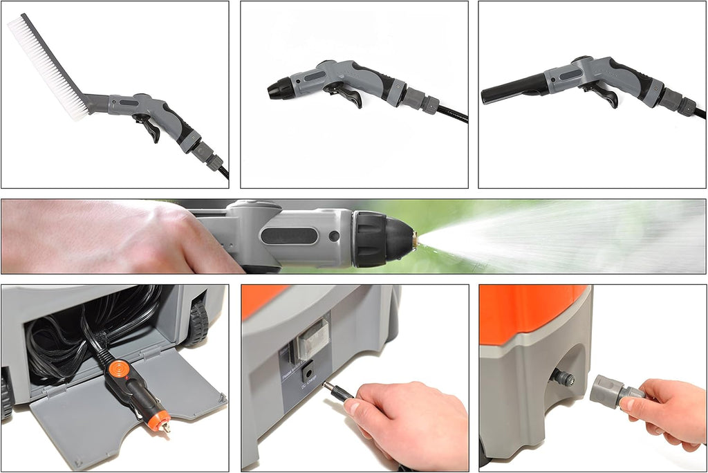 Ivation Multipurpose Portable Spray Washer w/Water Tank - Runs on Built-in Rechargeable Battery, Home Plug and 12v Car Plug - Integrated Roller Wheels