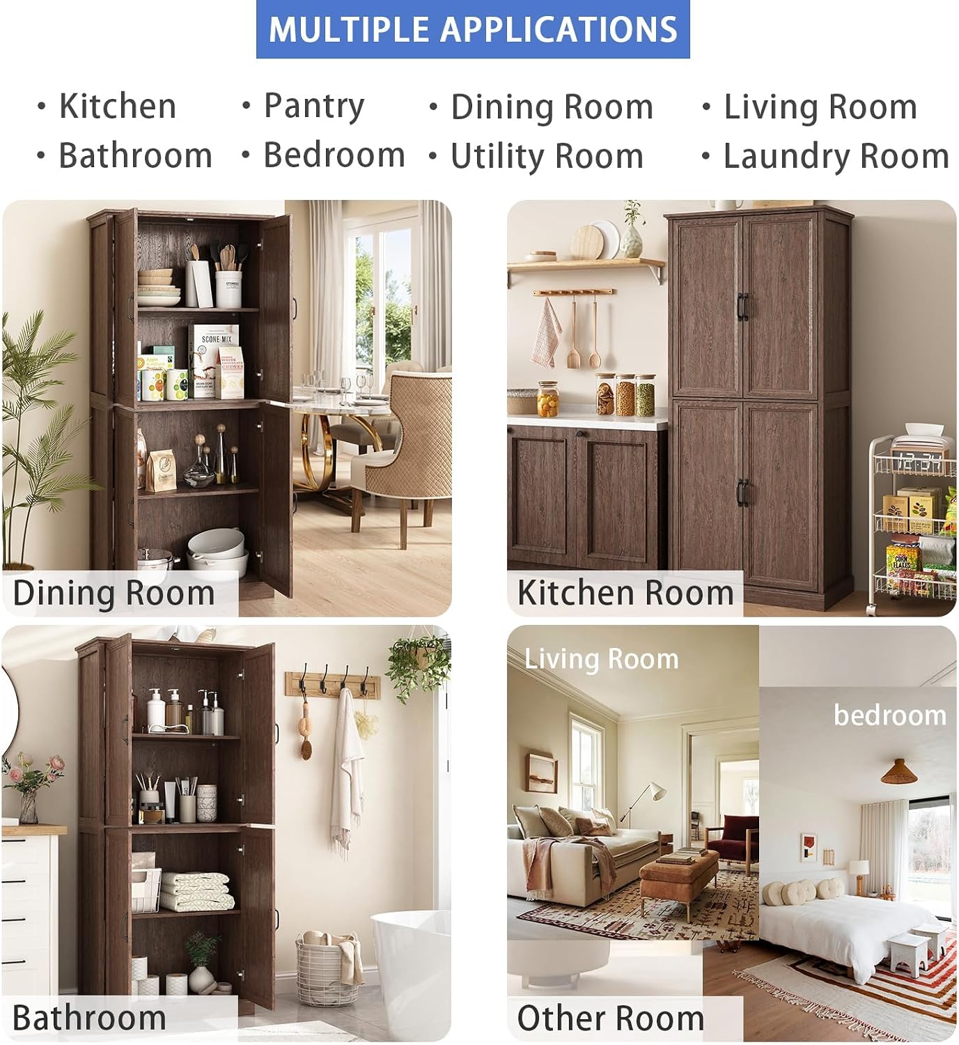 Tradare 71'' Tall Pantry Cabinet Set of 2, Farmhouse Kitchen Pantry Storage Cabinet with Barn Door and Adjustable Shelves, Rustic Wood Freestanding Cupboard for Kitchen, Dining Room, Brown