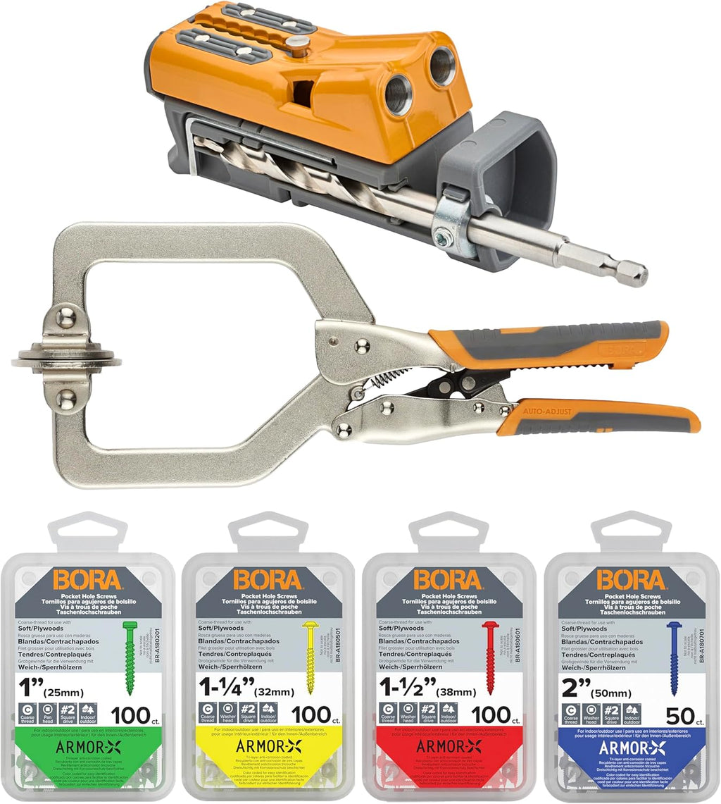 BORA Pro Compact Pocket Hole Jig Kit, 3 inch Face Clamp & 350pc Screw Set - Auto Adjust Drill Guide, Durable Pocket Hole Jig for Woodworking & Tight Spaces - For Materials 1/2 inch to 1 1/2 inch Thick