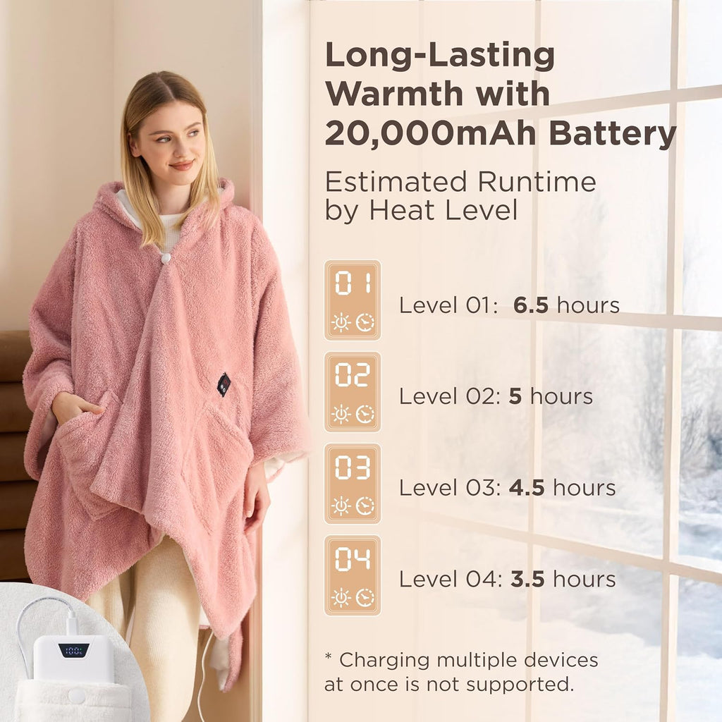 Bedsure Cordless Wearable Heated Blanket - Fluffy Electric Blanket Hoodie with 20000mAh Battery Pack, Portable USB Heated Shawl as Winter Gifts for Women Mom, 4 Heat Levels & 4 Timers, 55'x69', Pink