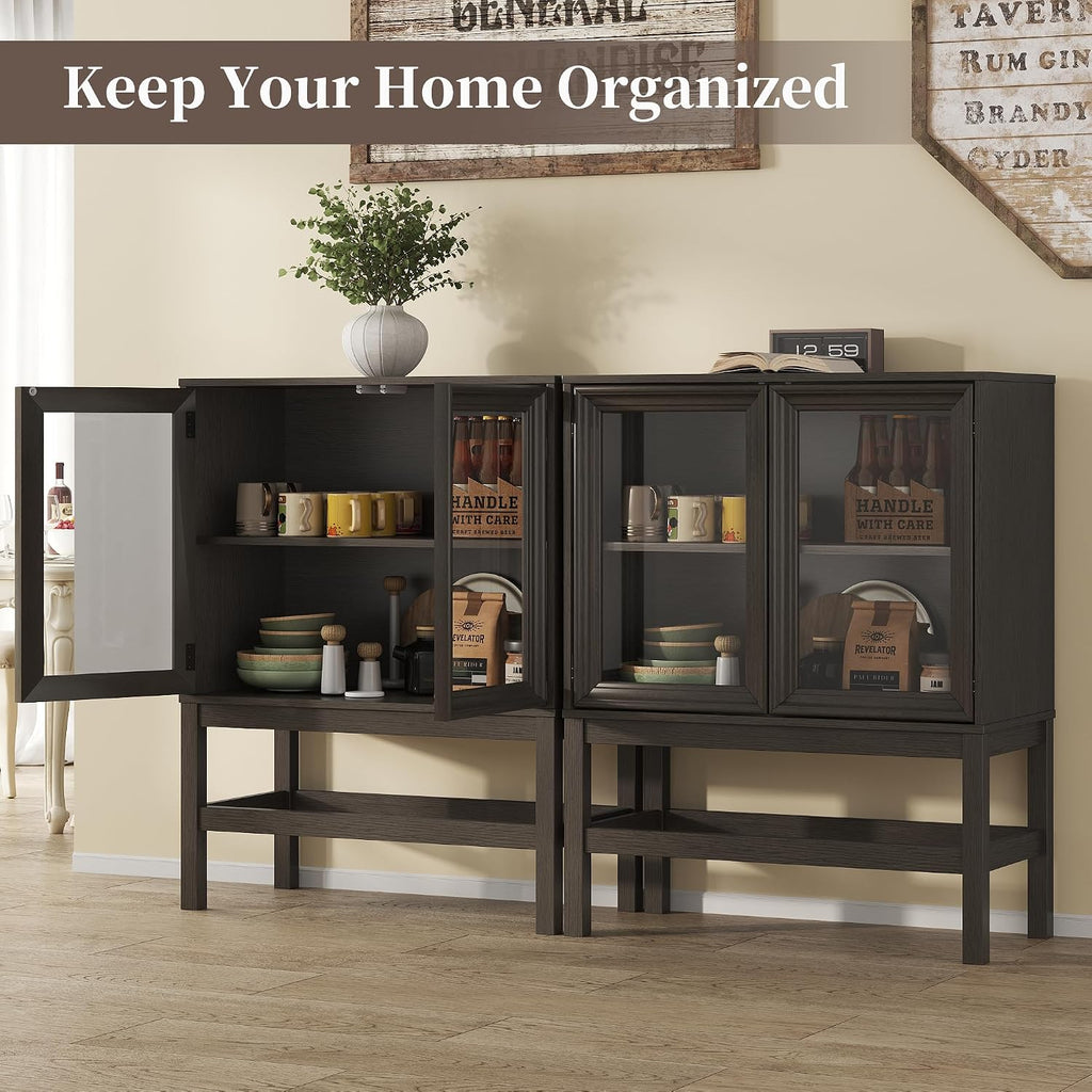 Sideboard Buffet Cabinet with Storage Set of 2, Small Kitchen Coffee Wine Bar Cabinet with Glass Doors, Wood Mid Century Modern Side Board Table for Dining Room, Living Room