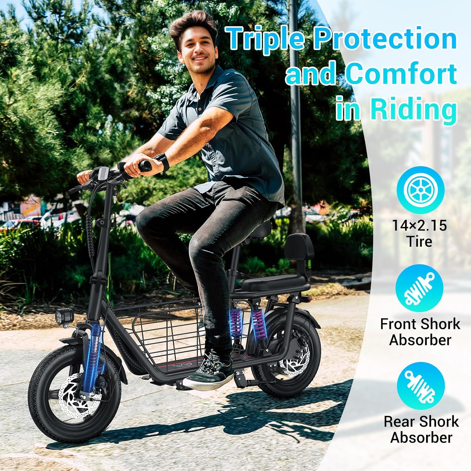 SEHOMY 2 Seater Electric Scooter for Adults 330lbs, Folding Escooters with Seat, 850W Peak Motor, 25/20 Miles Range, 22/15.5 MPH, Storage Basket, Electronic City Commuter Bike Motor Scooters