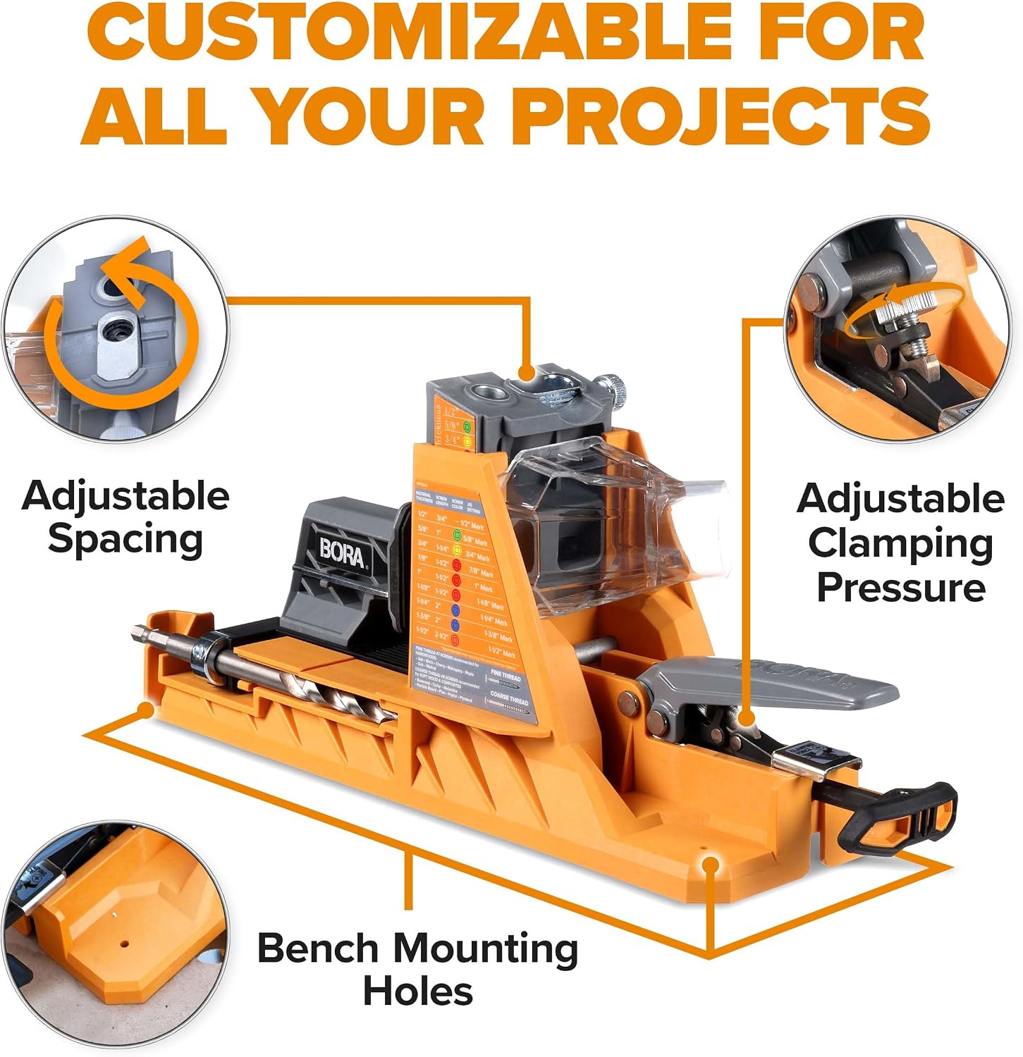 BORA Automatic Pocket Hole Jig with 50 Color-Coated Screws, Auto Adjusting Drill Guide, Pocket Hole Jig Kit for Woodworking - For Materials 1/2 inch to 1 1/2 inch Thick, Power Tool Accessory Jigs