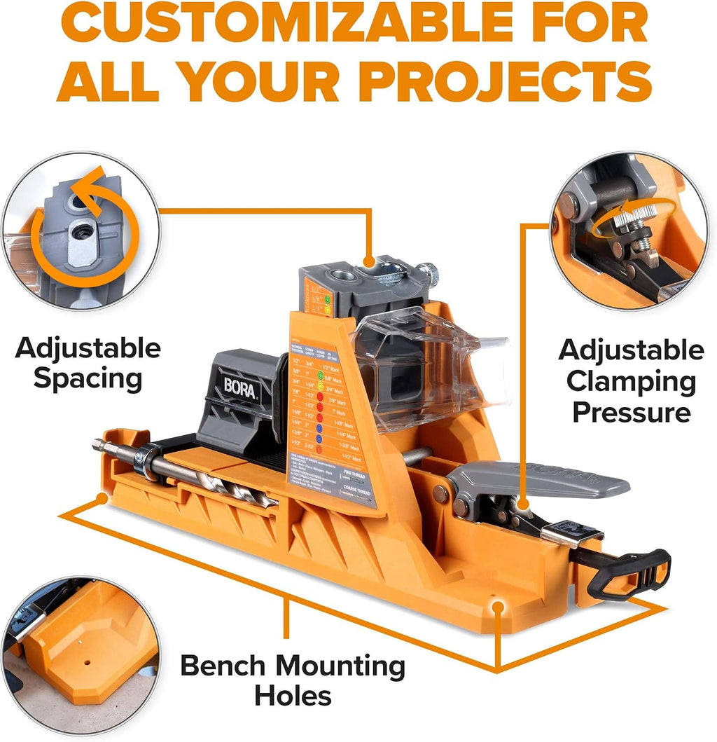 BORA Automatic Pocket Hole Jig with 750 pc Screw Set & 3 inch Face Clamp, Auto Adjusting Drill Guide, Pocket Hole Jig Kit for Woodworking - For Materials 1/2 inch to 1 1/2 inch Thick