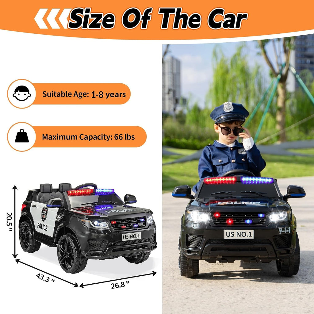 TOBBI Police Car Ride on Electric Car for Kids 1-8 to Drive Battery Powered 12V Ride-on Toys Cop Cars with Remote Control, Siren, Flashing Lights, Music, Spring Suspension, Carbon Black