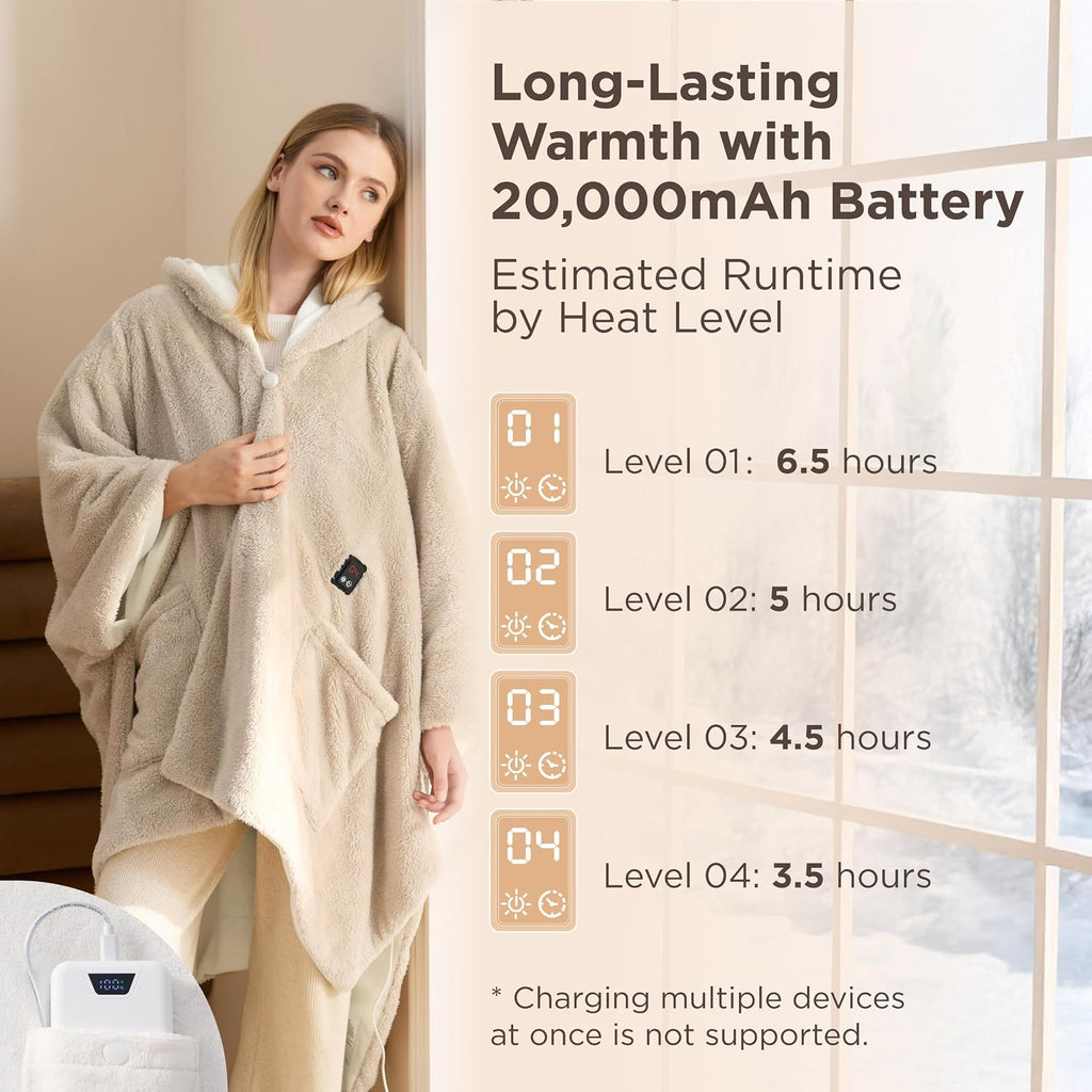 Bedsure Cordless Wearable Heated Blanket - Fluffy Electric Blanket Hoodie with 20000mAh Battery Pack, Portable USB Heated Shawl as Winter Gifts for Women Mom, 4 Heat Levels & 4 Timers, 55'x69', Cream