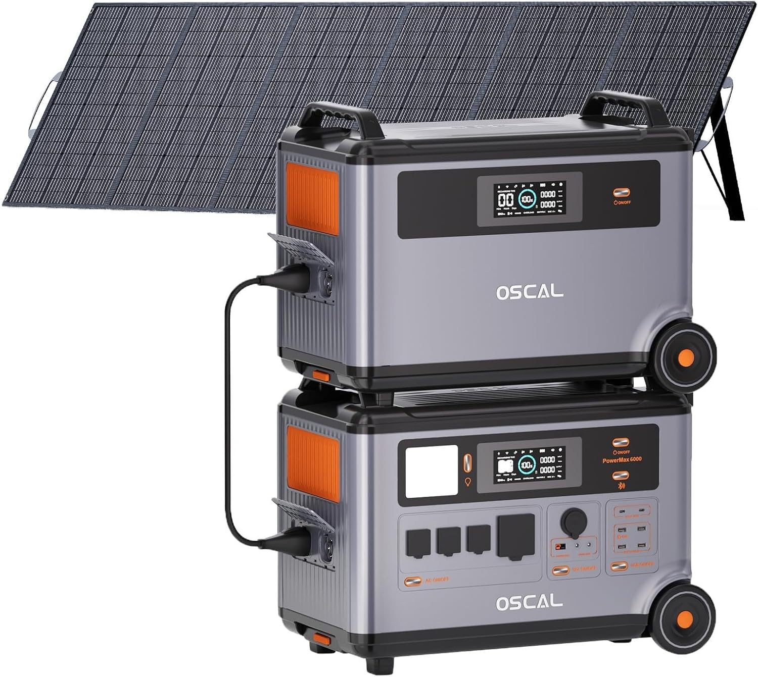 OSCAL 6000W(9000W Peak) Portable Solar Power Station with 1 * 500W Solar Panels, 3600Wh LiFePO4 Battery with 3600Wh Expansion Battery Pack, 2400W Solar Charging Generator for Camping, Home, Emergency