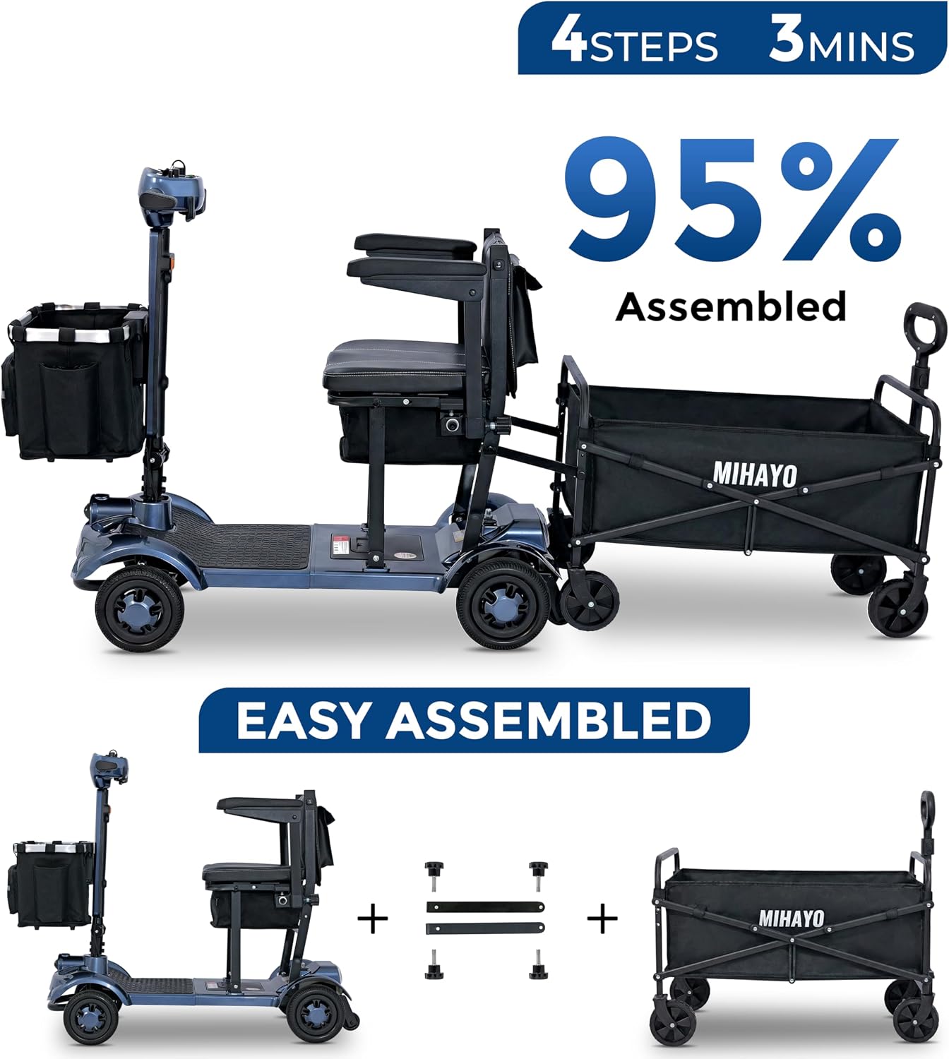MIHAYO Lightweight 4-Wheel Mobility Scooter for Seniors and Adults, Airline Approved 24 Miles Range Electric Scooter with 280 lbs Capacity, 350W Motor and 112L Storage Wagon, Slate Blue