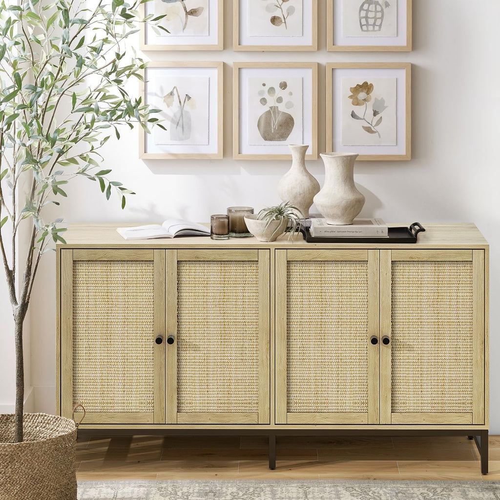 ZLWJGY Rattan Sideboard Buffet Cabinet, Natural Storage Credenza Accent Cabinet with 4 Doors, 59' Large Mid Century Modern Console Table for Kitchen, Living Room and Dining Room