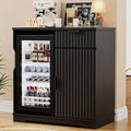Mini Fridge Cabinet (Fridge Included), Fluted Coffee Bar Cabinet with Refrigerator, Pull Out Drawer & Storage Cabinets, 31.5' Liquor Wine Bar Cabinet for Home, Kitchen, Dining Room, Blac