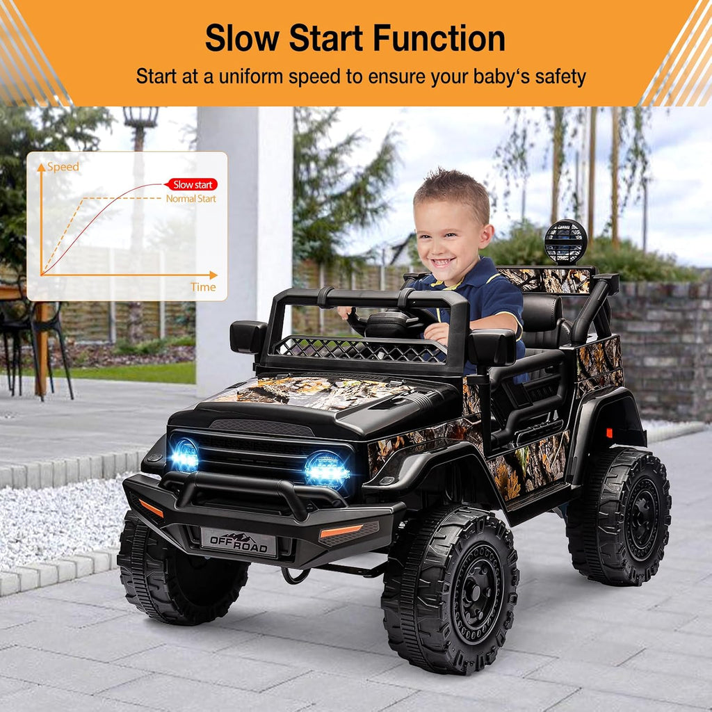 2 Seater Ride On Car for Kids, 12V Electric Truck with Parent Remote Control, Spring Suspension, 2 Speeds, LED Headlight & Music Player, Kids Electric Vehicle for Aged 3-8 Years, Black