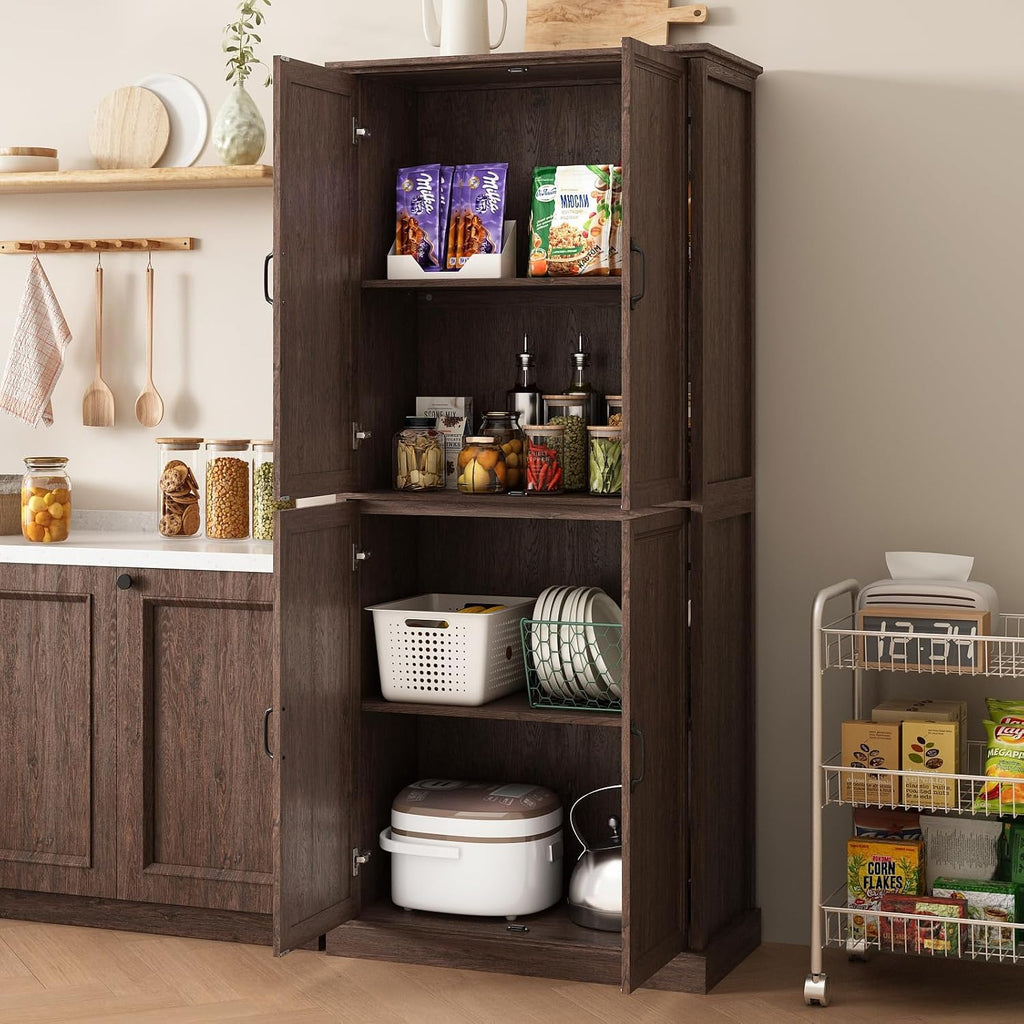 Tradare 71'' Tall Pantry Cabinet Set of 3, Farmhouse Kitchen Pantry Storage Cabinet with Barn Door and Adjustable Shelves, Rustic Wood Freestanding Cupboard for Kitchen, Dining Room, Brown