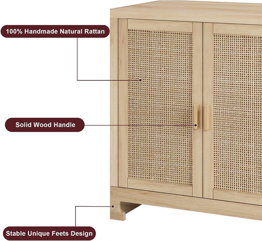 GarveeHome 60 in Farmhouse Rattan Buffet Cabinet - 4-Door Woven Storage Sideboard with Adjustable Shelves, Kitchen Console Table for Dining Room & Living Room Entryway (Oak Brown)