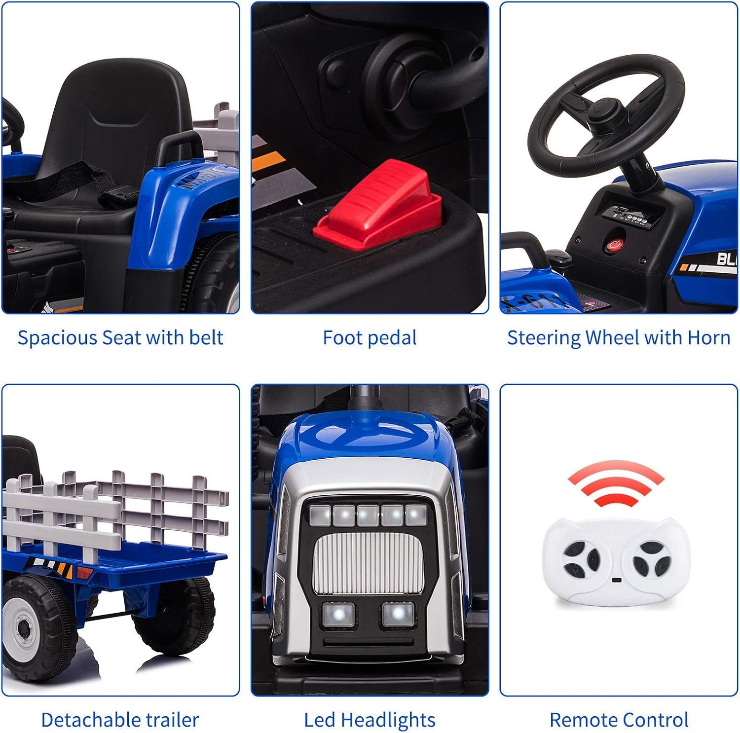 12V Kids Ride On Tractor with Trailer & Remote Control, Toddler Battery Powered Electric Car Slow Start 7LED Headlights USB Music Player 2+1 Gear Shift, Blue, 25W/Treaded Tires