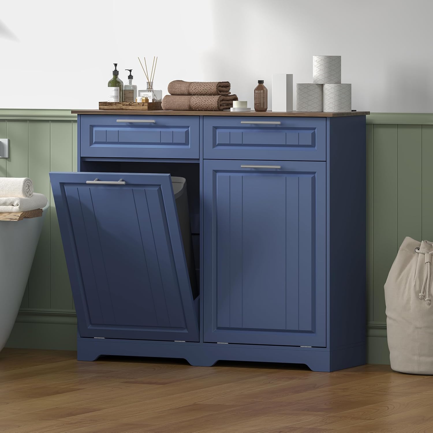 2 x 10 Gallon Double Tilt Out Trash Can Cabinet with Deodorizing Function & Charging Station, Hidden Laundry Hamper Cabinet with Storage Drawers, Garbage Can Holder for Kitchen, Bathroom, Blue