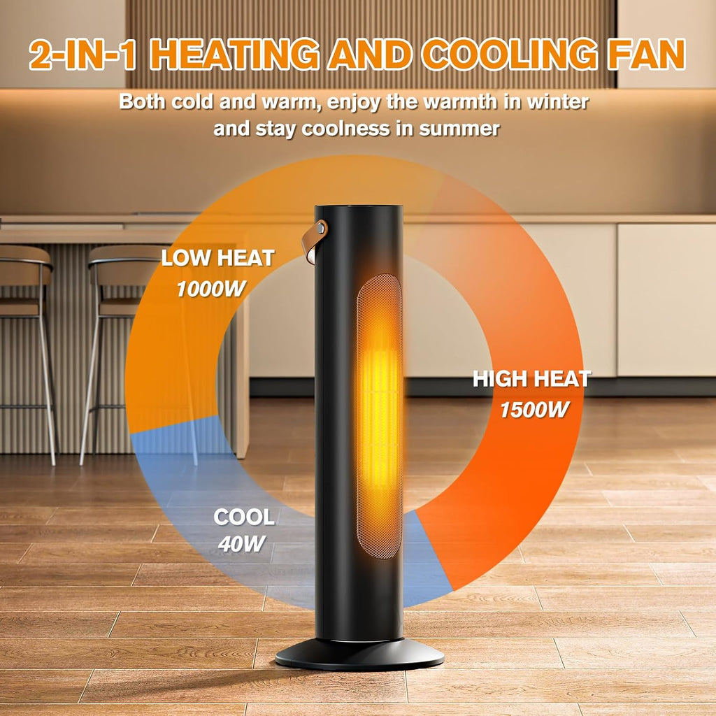 2-IN-1 Tower Heater And Fan Combo, 25' Electric Space Heaters For Indoor Use, 70°Oscillating, 2S Instant Heating, 1500W, 3 Heating & Fan Modes,Electric Portable Heater For BedroomOfficeHome, Black