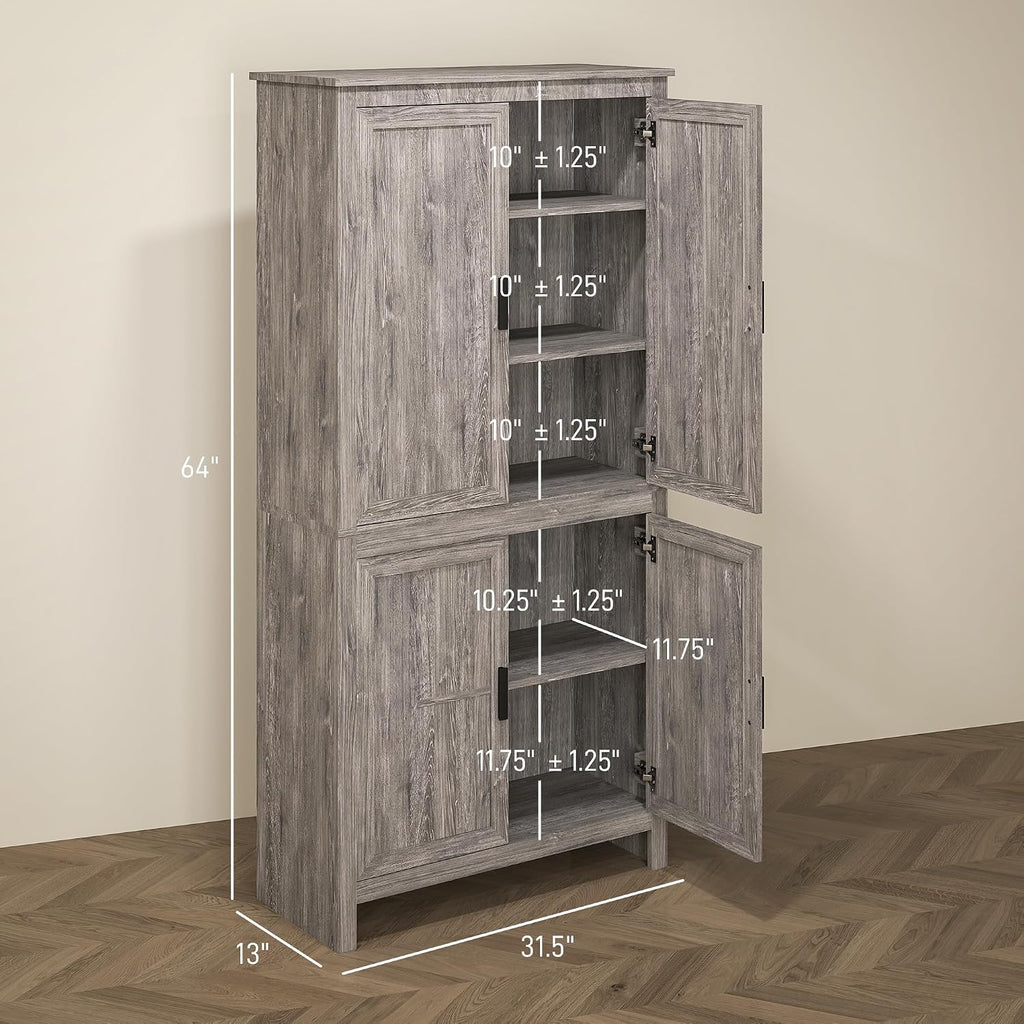 HOMCOM 64' Kitchen Pantry Cabinet, Freestanding Storage Cabinet with 4 Doors and 3 Adjustable Shelves for Dining Room, Gray Oak