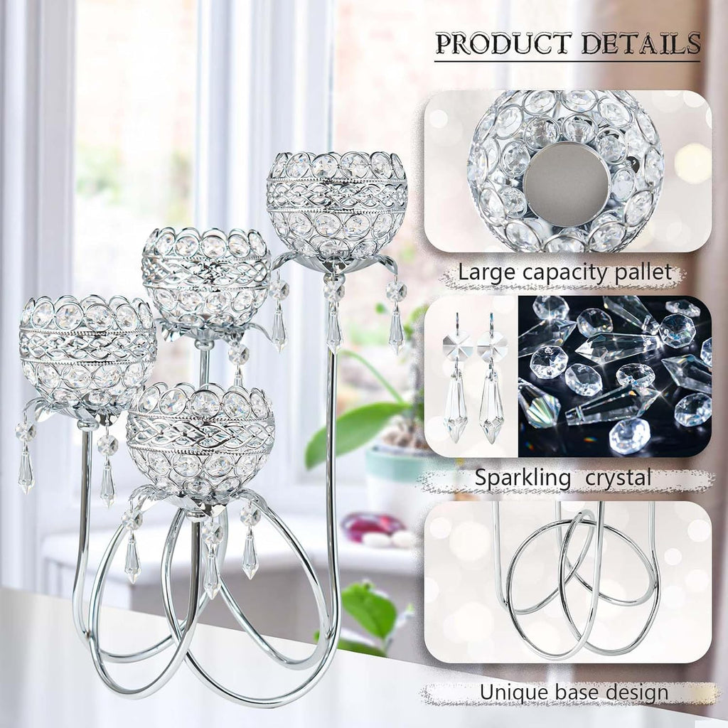 4 Arms Crystal Candelabra Tealight Holder - Tall 15.7 Inch Elegant Centerpiece with Crystal Pendant Bowls & Artistic Metal Stand for Wedding, Dining Table, Home Decor (4, Silver)