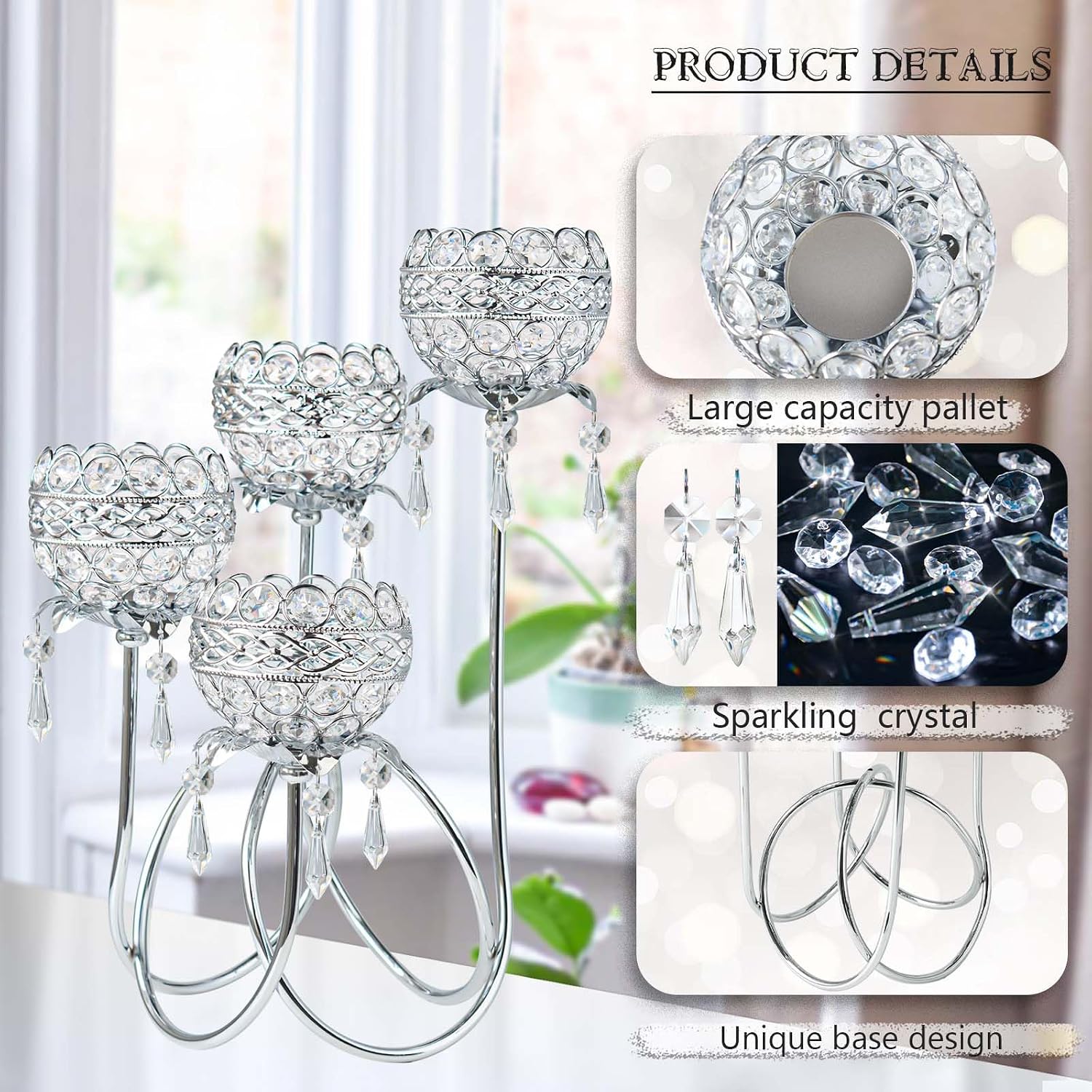 4 Arms Crystal Candelabra Tealight Holder - Tall 15.7 Inch Elegant Centerpiece with Crystal Pendant Bowls & Artistic Metal Stand for Wedding, Dining Table, Home Decor (4, Silver)