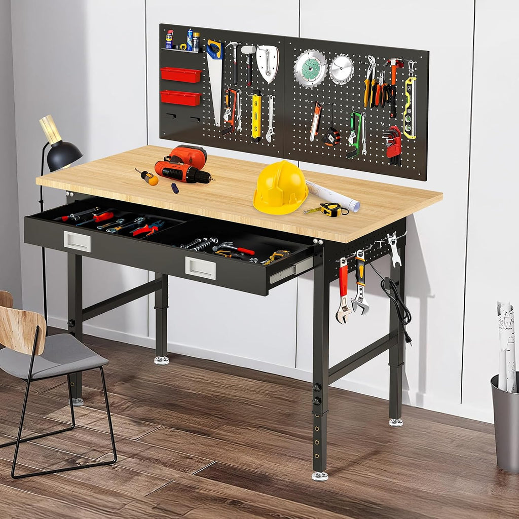 60' Heavy Duty Workbench for Garage with Drawers Rubberwood Tabletop Work Table with Pegboard, Power Outlets Adjustable Height Work Bench for Office, Home, Woodworking Shop
