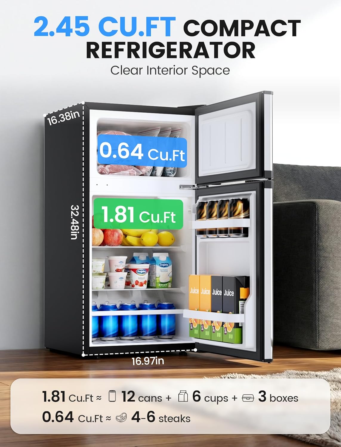 COWSAR 2.5 Cu.Ft Dorm Fridge with Freezer, Double Reversible Door Compact Refrigerator with 2 Removable Shelves, Commercial Drink Fridge for Bedroom, Office, Kitchen, Dorm, Silver