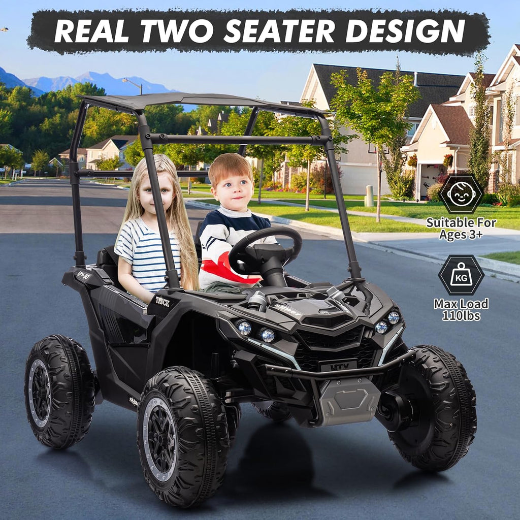 2-Seater Kids Ride On Utv, 24V 4WD Electric Truck with Sun Shade,Remote Control, Adjustable High/Low Speed, Led Lights, 4 Shock Absorbers, One-Button Start, and Music Player,Black