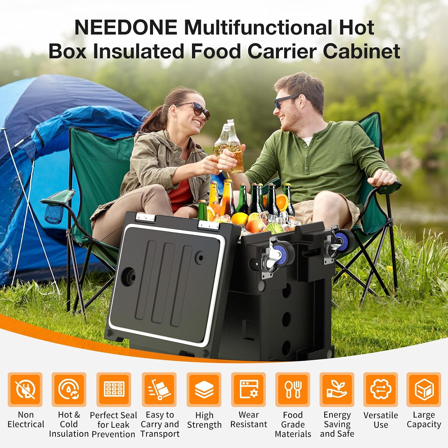 NEEDONE Food Warmer, 81 Qt Hot Box LLDPE Insulated Food Pan Carrier for Hot/Cold Food, w/Double Buckles, Lockable Wheels, Handles, Stackable Design, for Catering Restaurant Camping Family Party