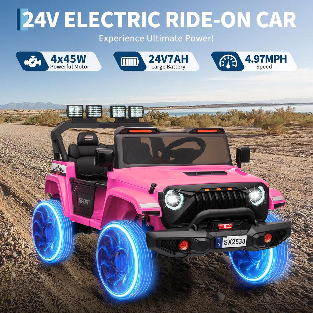 GarveeLife 24V Ride on Toys, 2 Seater Kids Ride on Truck Car, Parent Remote Control, 4WD 800w Motor, 3 Adjustable Speeds, Built-in Music Player, Kids Electric Ride on Toys with Easy Assembly, Pink