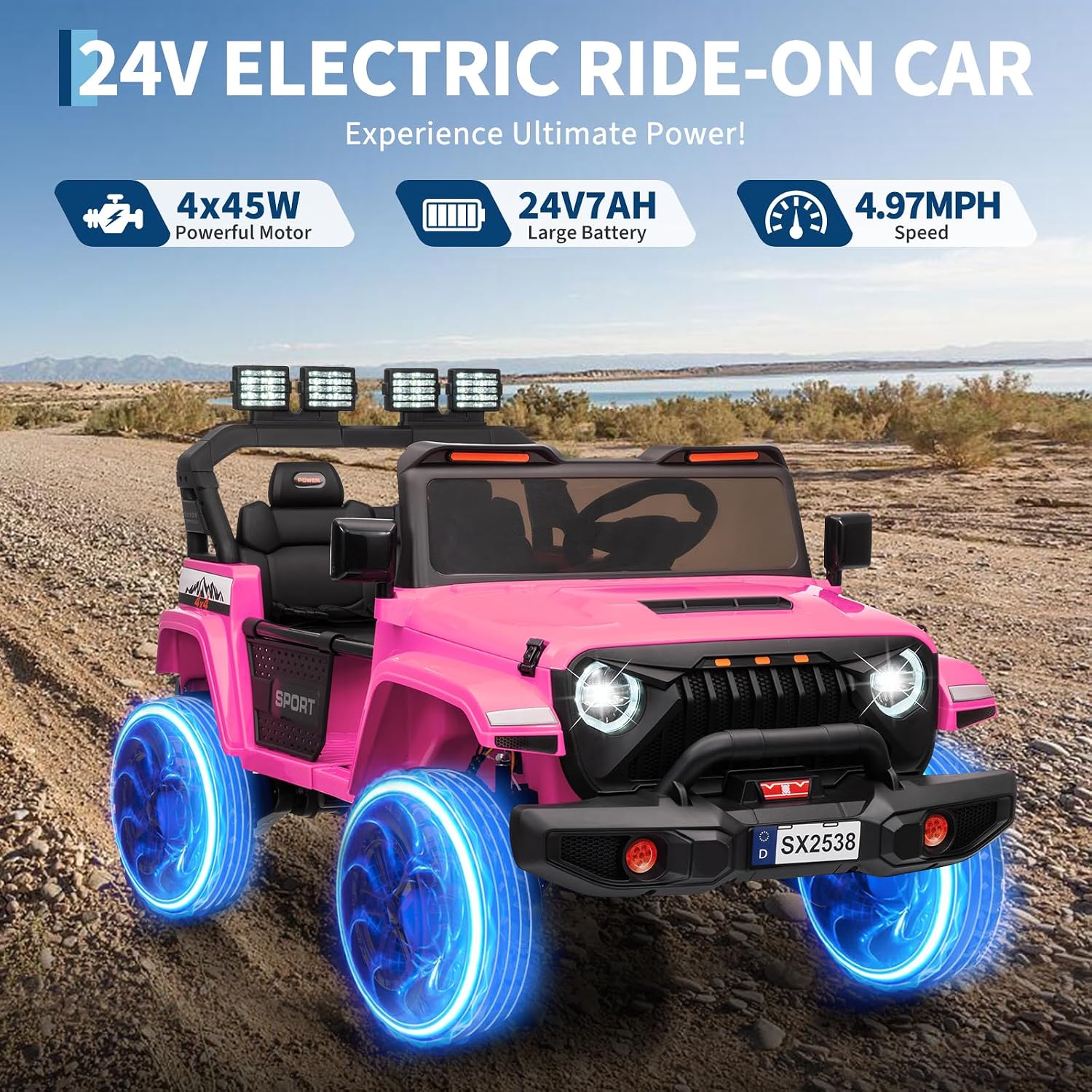 GarveeLife 24V Ride on Toys, 2 Seater Kids Ride on Truck Car, Parent Remote Control, 4WD 800w Motor, 3 Adjustable Speeds, Built-in Music Player, Kids Electric Ride on Toys with Easy Assembly, Pink
