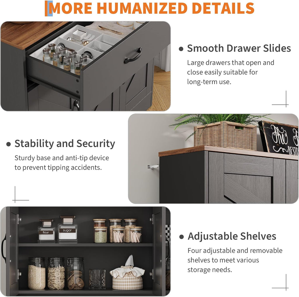 IDEALHOUSE 71' Kitchen Pantry Storage Cabinet with Charging Station, Farmhouse Kitchen Hutch Cabinet with 2 Storage Drawers, Large Food Pantry with Microwave Stand for Dining Room,Living Room,Black