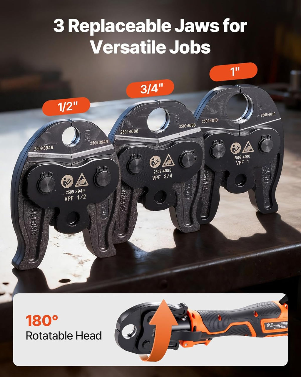 VEVOR Press Tool, 18V Electric Pipe Crimping Tool for 1/2' 3/4' 1' PEX Pipe Stainless Steel Rings, 24KN PEX Press Tool Compatible with PureFlow - with 3 VPF Jaws, 2pcs 2AH Batteries, Charger & Toolbox