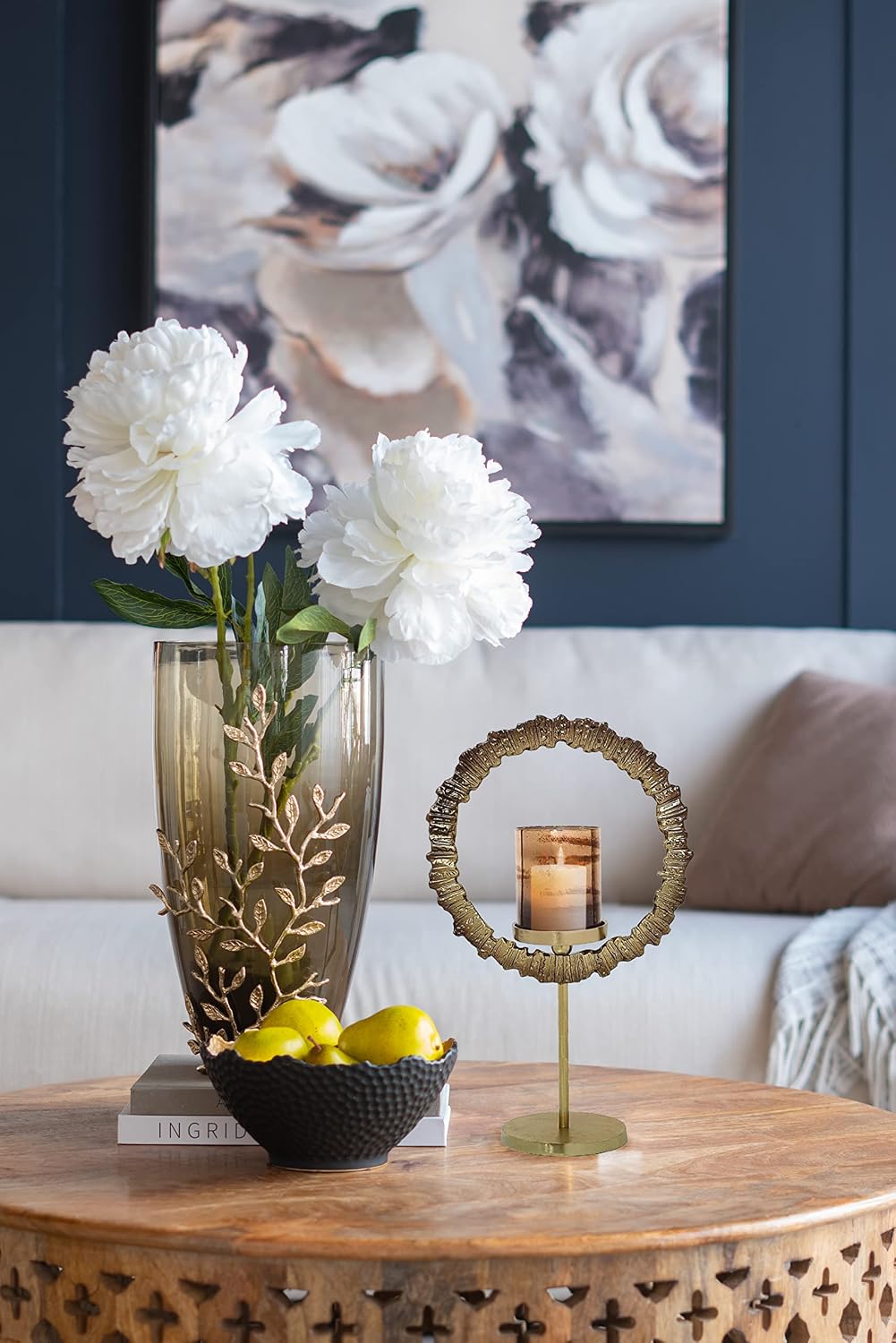 A&B Home Gold Ring Candle Holder - Large Candle Hoder with Glass Hurricane, Decorative Tabletop Lighting, Living Room Coffee Table Accent Piece Dining Table Centerpiece, 12' x 6' x 21'