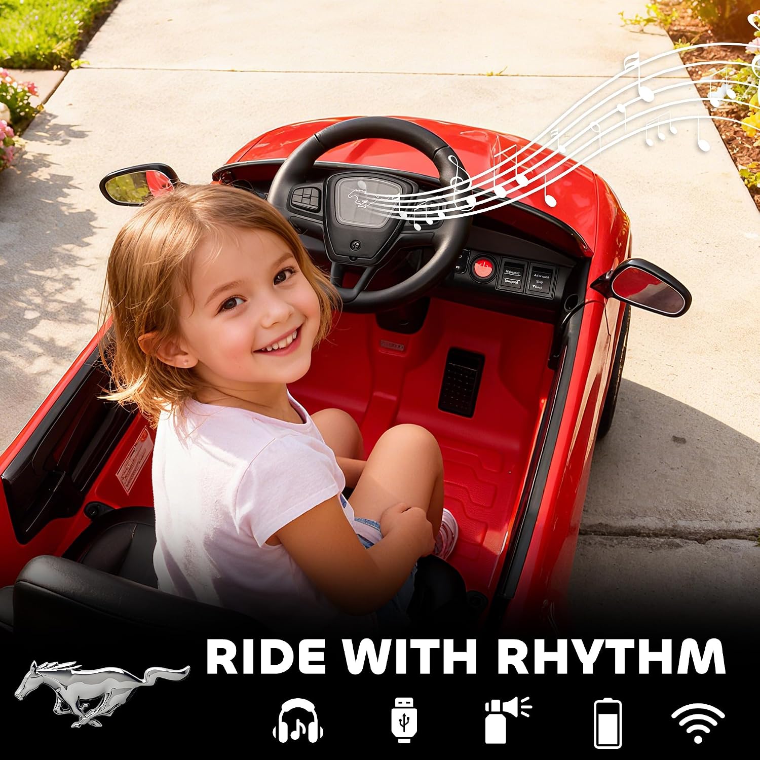 Qaba 12V Kids Ride On Car, Licensed Ford Mustang Mach-E Electric Car with Remote Control, 3 Speeds, LED Light, Music, Bluetooth, Suspension Wheels, Battery Powered Toy for Ages 3–5 Years, Red