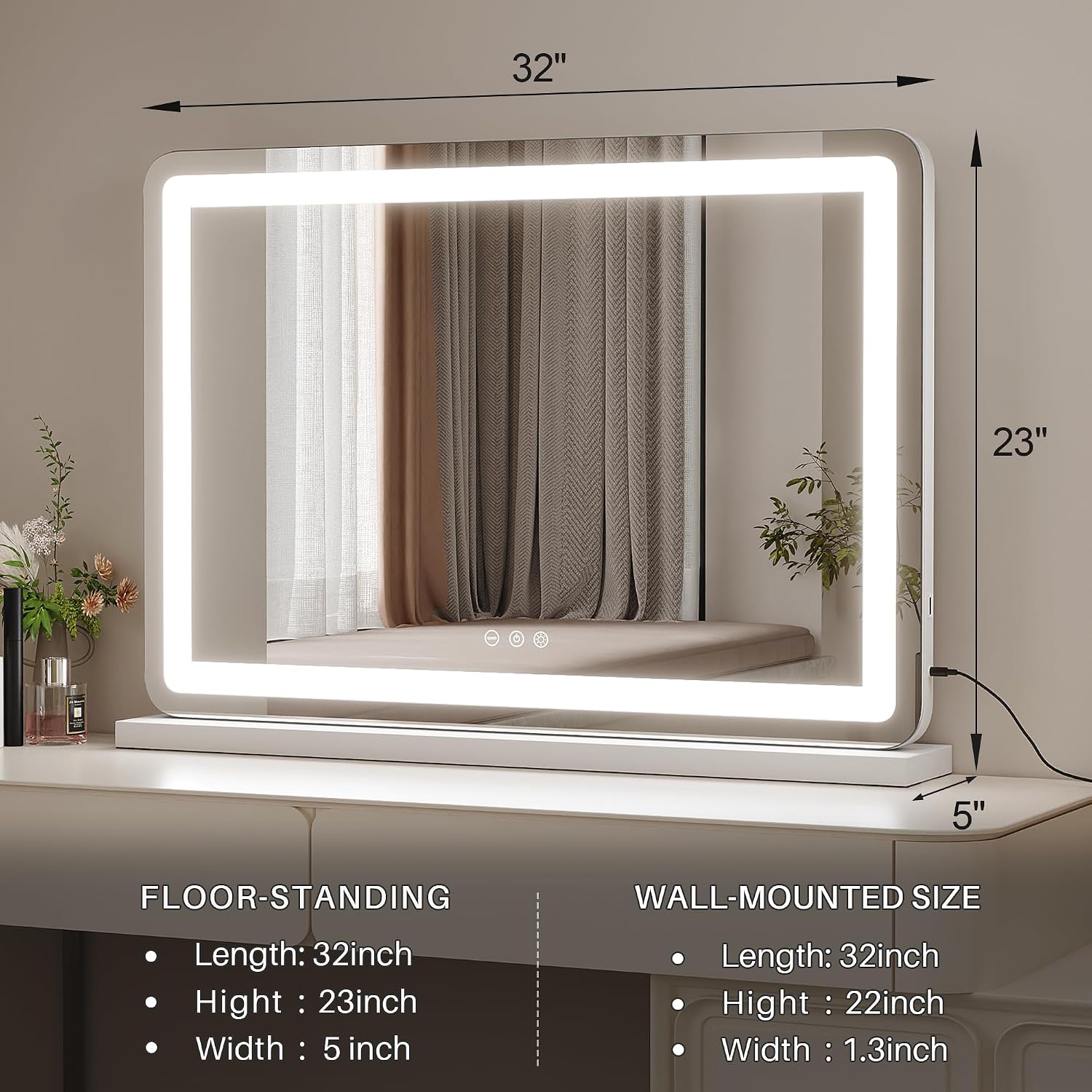 ZL ZELing Vanity Mirror with Lights, 32' x 23', LED Makeup Mirror, Dimmable 3-Color Lighting, 5X Magnification, Touch Screen Control, Wall-Mountable and Tabletop Design