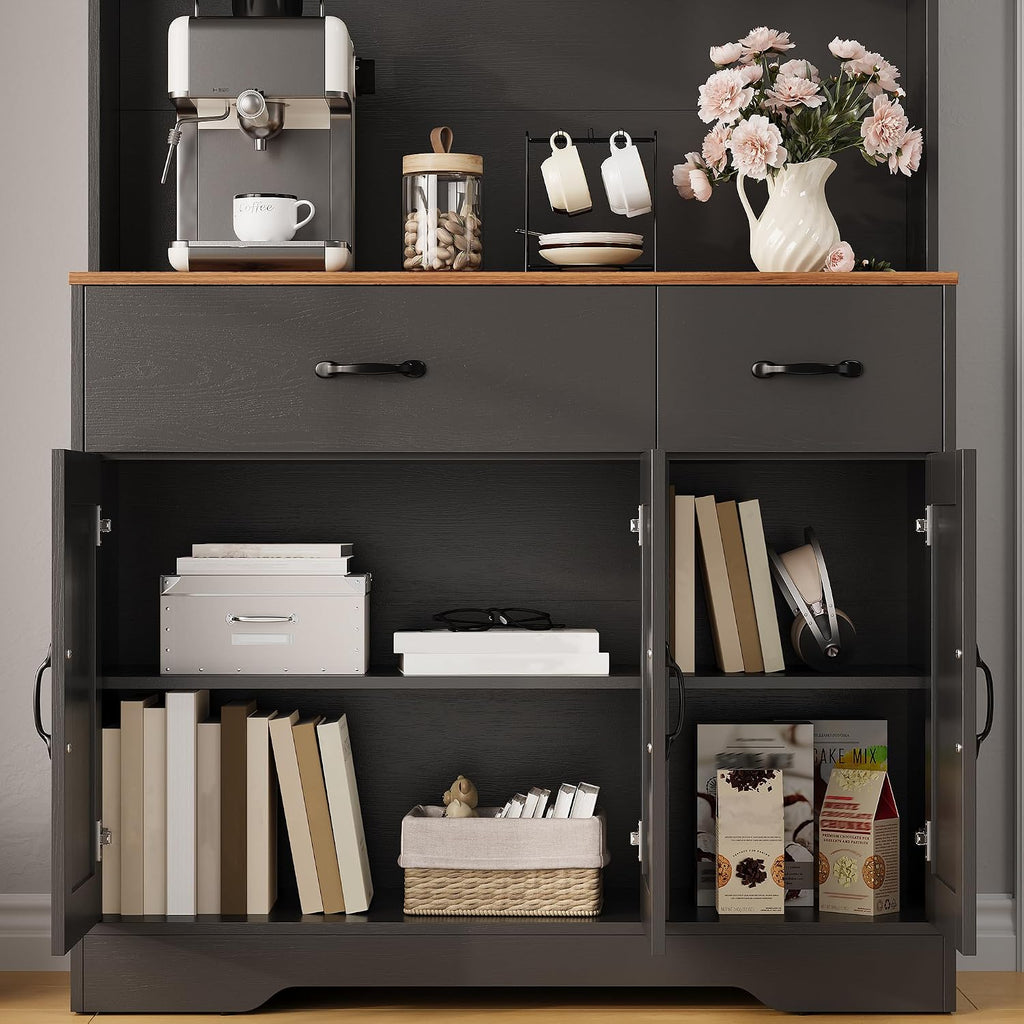 IDEALHOUSE 71' Kitchen Pantry Storage Cabinet with Charging Station, Farmhouse Kitchen Hutch Cabinet with 2 Storage Drawers, Large Food Pantry with Microwave Stand for Dining Room,Living Room,Black