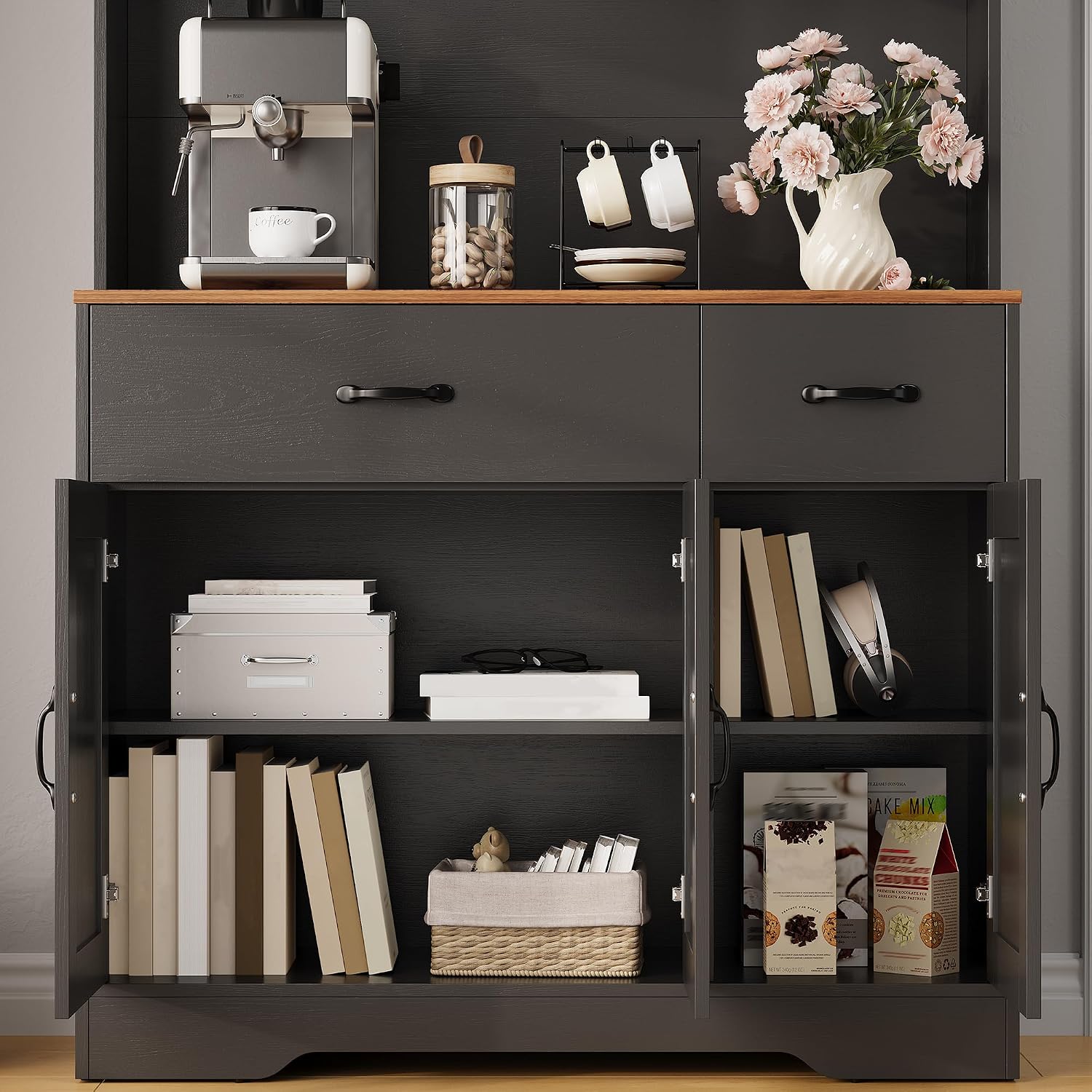IDEALHOUSE 71' Kitchen Pantry Storage Cabinet with Charging Station, Farmhouse Kitchen Hutch Cabinet with 2 Storage Drawers, Large Food Pantry with Microwave Stand for Dining Room,Living Room,Black