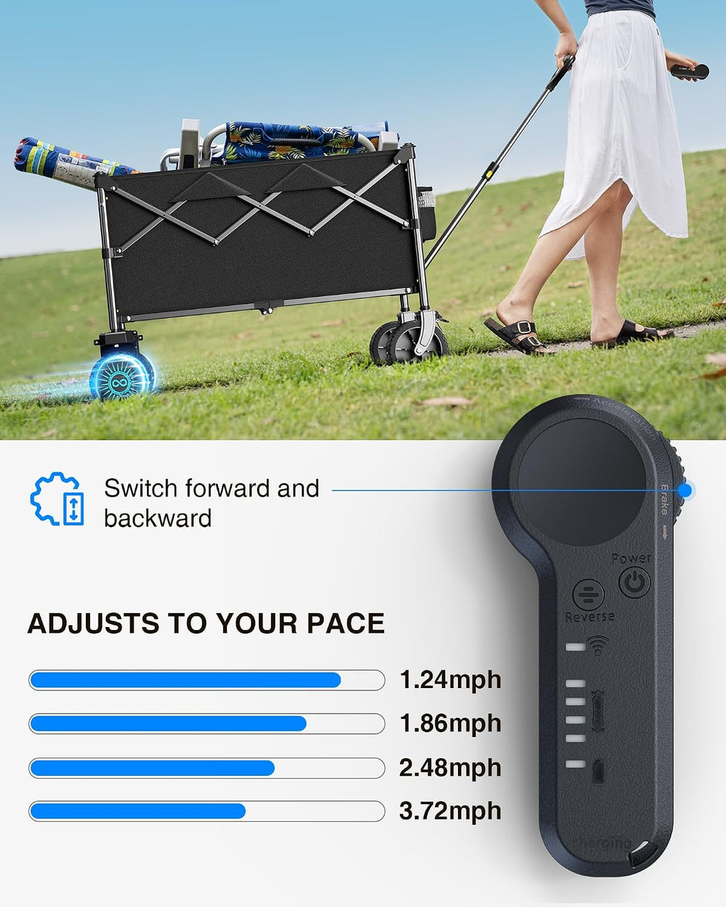 Everyfun Electric Utility Wagon Cart–330 lb Load, 180 L Foldable Beach Wagon with Remote, 4-Speed, All-Terrain Wheels for Camping, Beach, Garden & Shopping, Black